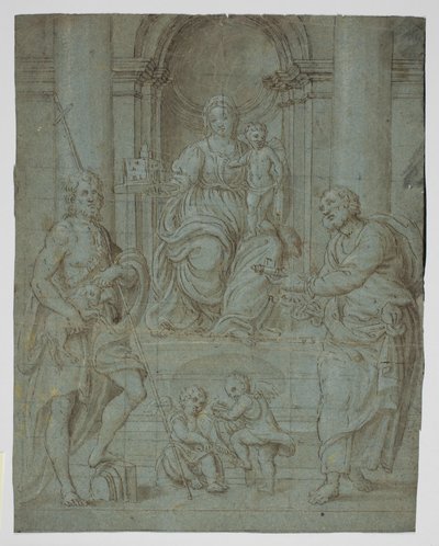 The Virgin and Child Enthroned with Sts Peter and John the Baptist, and Two Musician Child Angels by Ubekendt Ubekendt