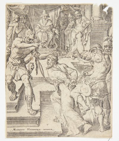 Christ before Caiaphas by Ubekendt efter Dirck Volckertsz. Coornhert efter Maarten van Heemskerck