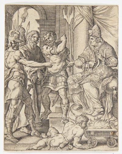 Christ before the High Priest Annas by Ubekendt efter Dirck Volckertsz. Coornhert efter Maarten van Heemskerck