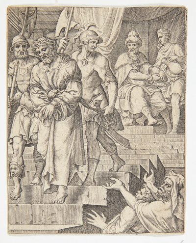 Pilate Washing His Hands by Ubekendt efter Dirck Volckertsz. Coornhert efter Maarten van Heemskerck