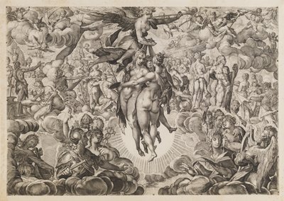 Painting, Sculpture, and Architecture, Banned by the Turks, Withdrawn to Olympus by Ubekendt efter Jan Muller; H. Goltzius; Ae. Sadeler og Lucas Kilian efter Bartholomeus Spranger