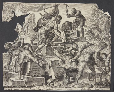 Gideon and His Men Destroying the Altar of Baal by Ubekendt efter Maarten van Heemskerck