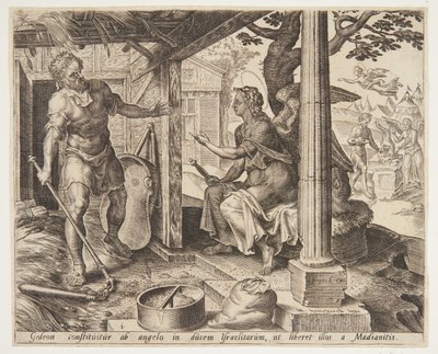 The angel appearing to Gideon by Ubekendt efter Maarten van Heemskerck