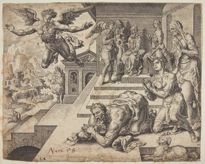 The Departure of the Angel by Ubekendt efter Maarten van Heemskerck