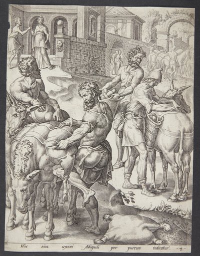 The Servants of Abigail Loading the Asses with Food for David by Ubekendt efter Maarten van Heemskerck