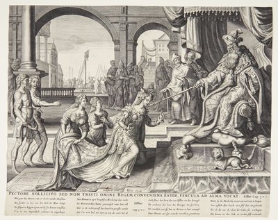 Esther before Ahasuerus, inviting him for a banquet by Ubekendt efter Philips Galle efter forlæg af Maarten van Heemskerck