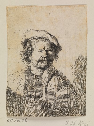 Rembrandt in a Flat Cap and Embroidered Dress by Ubekendt efter Rembrandt