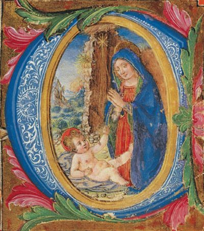 The Virgin in Adoration of the Child in an Initial C by Ubekendt florentinsk 1. tredjedel af 1500 tallet