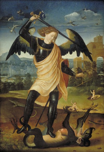 The Archangel Michael with the Dragon by Ubekendt spansk 1500 tallet