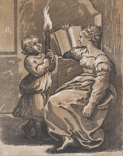 A Sibyl reading a book facing left by Ugo da Carpi