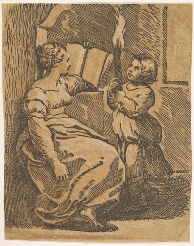 A Sybil Reading Facing Right by Ugo da Carpi