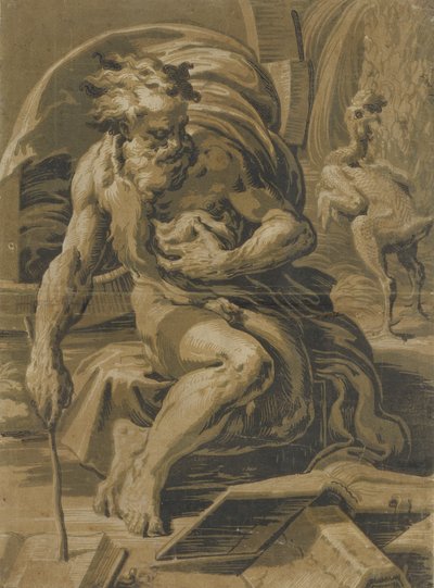Diogenes, Seated Before His Barrel, Reading from a Book, a Plucked Hen Standing Behind, ca. 1527-30 by Ugo da Carpi