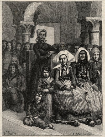 A sermon in a church in Brittany, drawing by M.U. Loot. Engraving in 