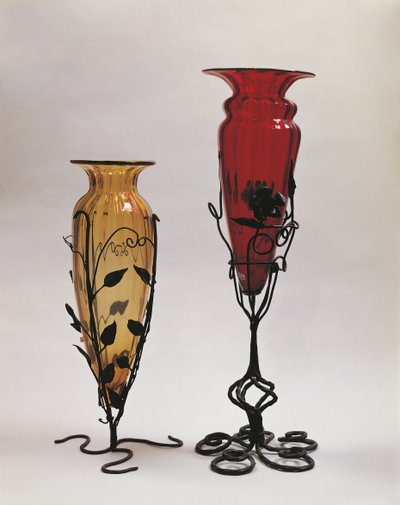 Close-up of two vases in iron stands, Murano, Venice, Veneto, Italy by Umberto Boccioni