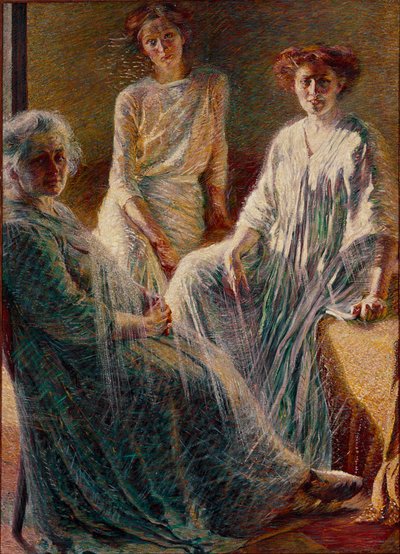 Three women. All three dressed in white, they symbolize the three ages of life. Painting by Umberto Boccioni (1882-1916) 1909-1910 by Umberto Boccioni