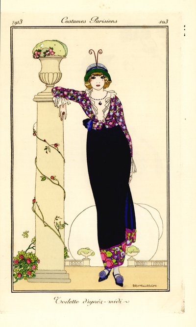 Woman in afternoon outfit leaning on a column by Umberto Brunelleschi