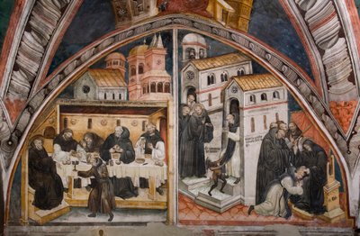 Episodes of the Life of Saint Benedict of Nursie: On the left the attack of the monks of Vicovaro who seek to poison Saint Benedict, this one miraculously breaks the cup containing the poison, on the right Saint Benedict warriors a monk with acedie by Umbrian School