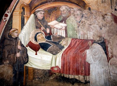 The Death of Saint Scholastica, Sister of Saint Benedict of Nursia. Surrounded by Benedictine Monks. Fresco of the Umbria School of the 15th century. Monastery of Saint Benedetto, Subiaco, Italy by Umbrian School