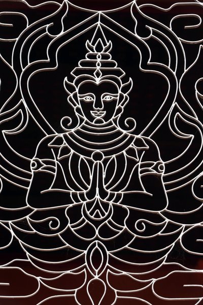 Wat Ong Teu Buddhist temple. A Goddess decorates a window, Vientiane, Laos by Unbekannt