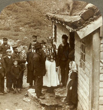A Nordfjord Bride and Groom with Guests and Parents at House Door, Brigsdal, Norway by Unbekannt