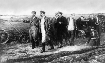 A Painting of J. V. Stalin, G. K. Ordjonikidze, M. I. Kalinin, L. M. Kaganovich, and A. A. Zhdanov on the Experimental Field of the Auto-Tractor Institute by Unbekannt