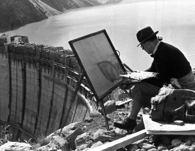 An Artist from Linz Painting the Limberg Dam, Austria, c1947-1951 by Unbekannt