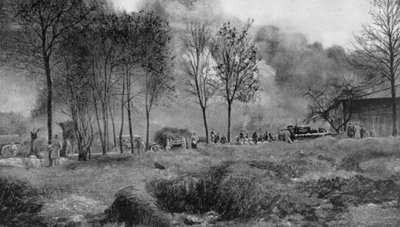 A Farm on Fire from German Incendiary Bombs, Artois, France, World War I by Unbekannt