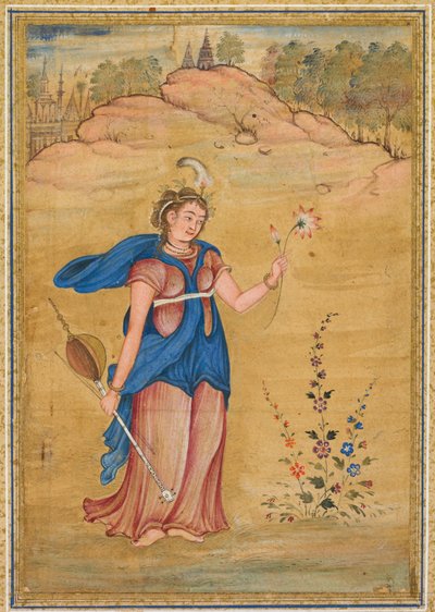 A female figure standing in a landscape holding a four-stringed khuuchir and a lotus, c. 1590 by Unbekannt