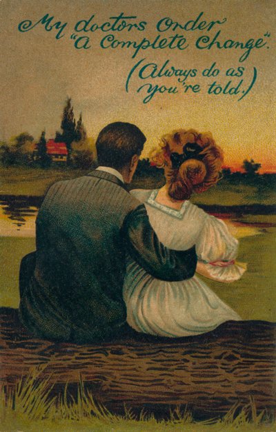 A humorous postcard depicting a courting couple, 1908 by Unbekannt
