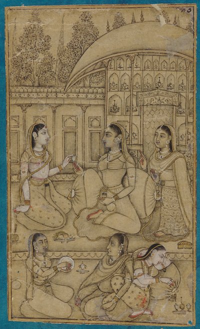 A Lady and Attendants Seated in a Courtyard by Unbekannt
