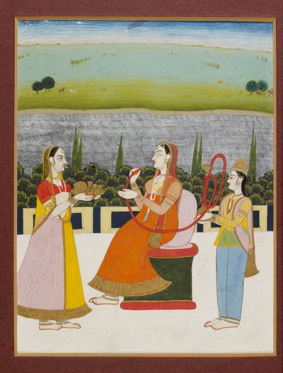 A lady seated smoking on a terrace, with two attendants by Unbekannt