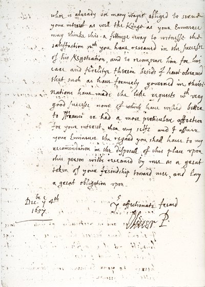 A letter by Oliver Cromwell to Cardinal Mazarin, 4 December 1657 by Unbekannt