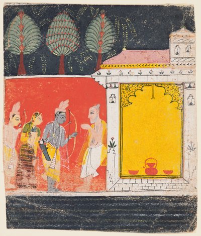 A page from a Ramayana: A night scene of Rama, Lakshman and Sita before the rishi by Unbekannt