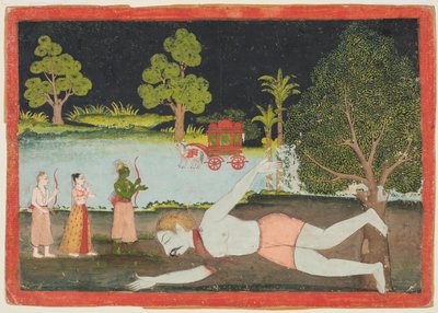 A page from a Ramayana: Rama, Lakshman and Sita before a slain giant by Unbekannt