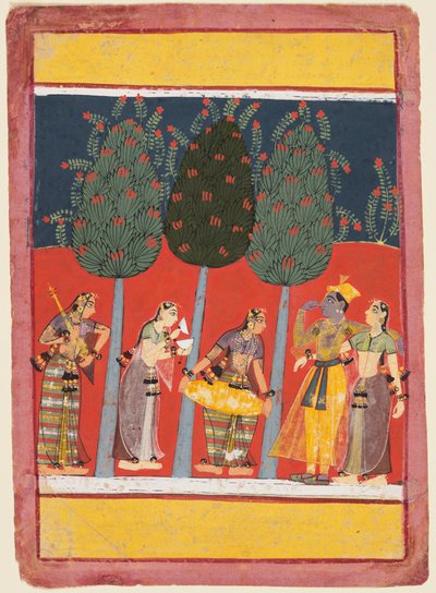 A Page from a Rasikapriya Series: Krishna and Radha and the Sakhis with Musical Instruments, c. 1650 by Unbekannt