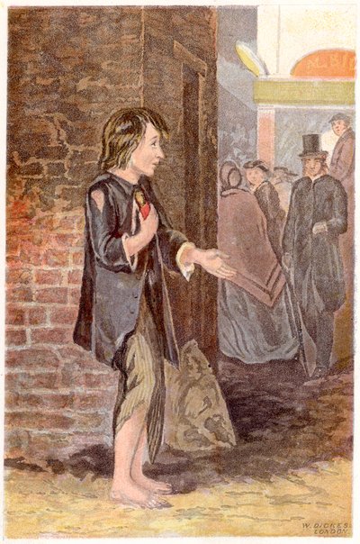 A poor boy, shoeless and in rags, begging on a street corner, c1880 by Unbekannt