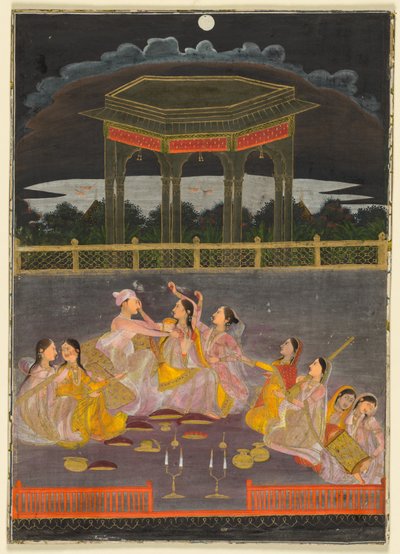 A Prince Celebrating Holi with Palace Women on a Terrace at Night by Unbekannt