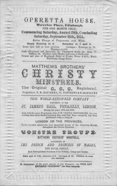 A Programme of Events to Be Staged at the Operetta House, Waterloo Place, Edinburgh, 1874 by Unbekannt
