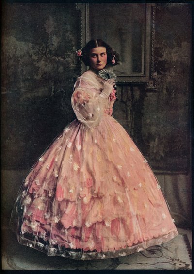A Three-Flounced Ball-Dress of Pink Silk, with Overdress of White Flowered Gauze, 1850-60 by Unbekannt