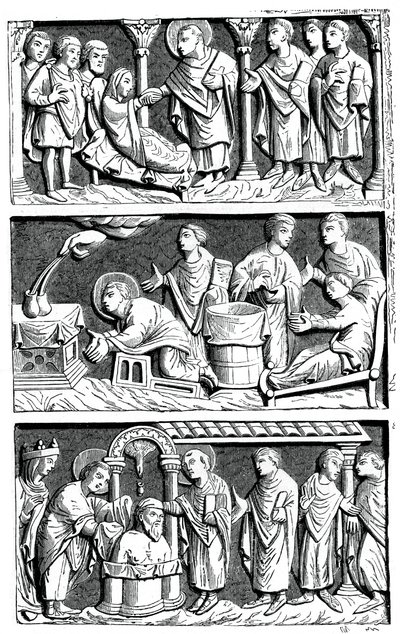 A Triptych of the Healing Work of St Remy, Bishop of Reims by Unbekannt