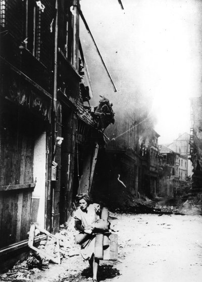 A Woman Leaving Her Burning House in a Bombed Street, Germany by Unbekannt