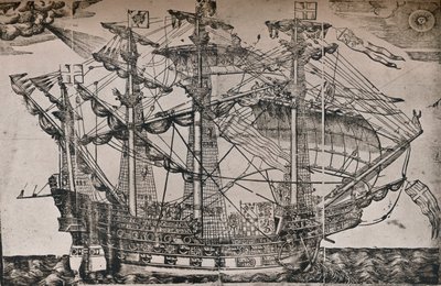 A woodcut of a ship which is believed to be The Ark Royal by Unbekannt