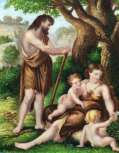 Adam and Eve with their sons, Cain and Abel, resting in the wilderness, c1860 by Unbekannt
