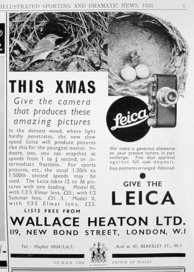 Advert for Leica cameras sold by Wallace Heaton Ltd, New Bond Street, London, 1933 by Unbekannt