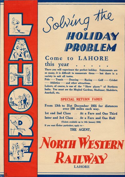 Advertisement for the North Western Railway promoting travel to Lahore, 1936 by Unbekannt