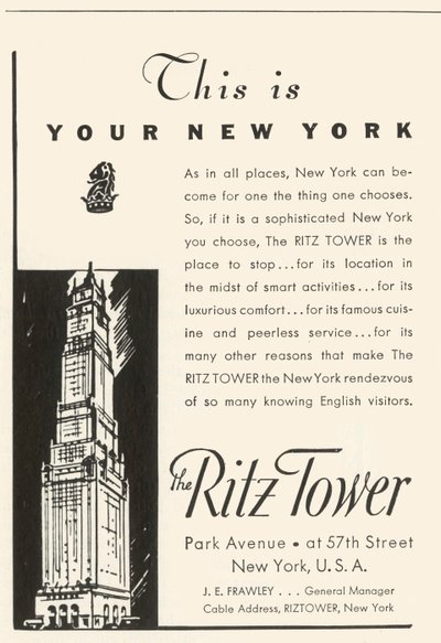 Advertisement for the Ritz Tower Hotel in New York by Unbekannt