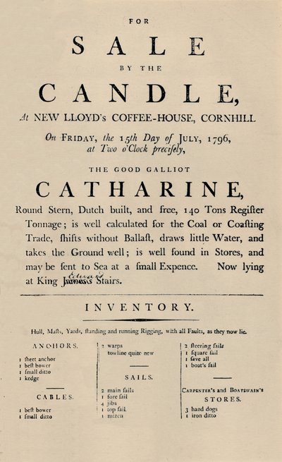 Advertisement of Sale by Candle at Lloyds, 1796 by Unbekannt