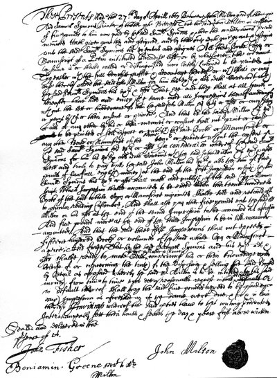 Agreement between John Milton and the printer, Samuel Symons, for the sale of the copyright of 