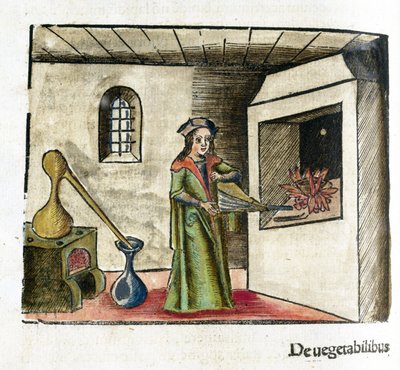 Alchemy 16th Century: An Alchemist at Work, Operating a Bellows in Front of His Workshop Fireplace, with a Stove and Alembic Behind Him by Unbekannt