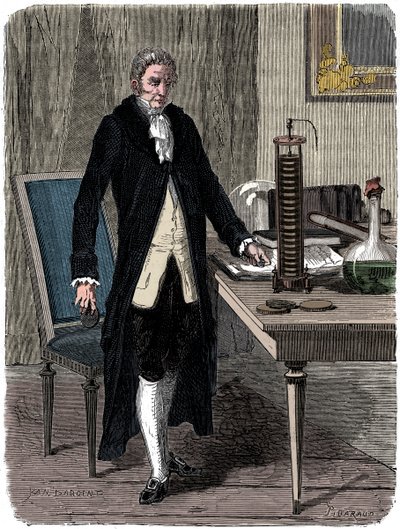 Alessandro Volta demonstrating his electric pile battery by Unbekannt